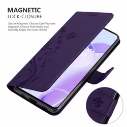 Cadorabo Flower Case for OnePlus 9RT 5G Cover Book Wallet Protection PU Leather Flip Etui magnetic closure standing function card slots - Purple