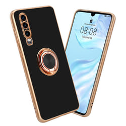 Cadorabo Case for Huawei P30 with ring Protective Cover made of flexible TPU silicone, with camera protection and magnetic car h - Glossy Black - Gold