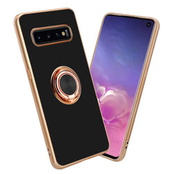 Cadorabo Case for Samsung Galaxy S10 4G with ring Protective Cover made of flexible TPU silicone, with camera protection and mag - Glossy Black - Gold