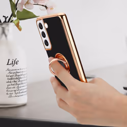 Cadorabo Case for Samsung Galaxy S21 PLUS with ring Protective Cover made of flexible TPU silicone, with camera protection and m - Glossy Black - Gold