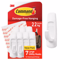 Large Utility Hook, Pack of 7 Hooks and 12 Adhesive Strips, White - Damage Free Hanging - Holds up to 2.2kg