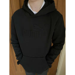 ) PUMA Logo Hoodie Junior Boys Navy or Black - Black, Age 7-8 Years (Height 128cm