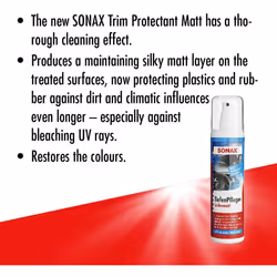 SONAX TRIM PROTECTANT MATT (300 ml) - For interior and exterior use. Thorough cleaning and intensive care of all plastic and rubber surfaces. |