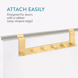 Over the Door Hanger Hooks - Coat Rack with 6 Knobs for Doors with a Step - up to 4cm Thick - Stainless Steel Gold