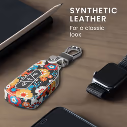 Key Cover Compatible with VW Golf 8 3 Button Car Key - Faux Leather - Vintage Flowers Orange/Red/White