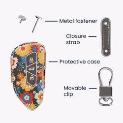 Key Cover Compatible with VW Golf 8 3 Button Car Key - Faux Leather - Vintage Flowers Orange/Red/White
