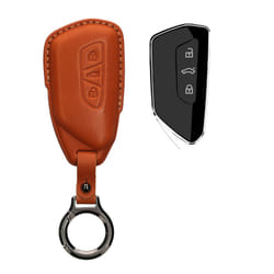 Leather Key Cover Compatible with VW Golf 8 3 Button Car Key Key Cover - Genuine Leather - Brown