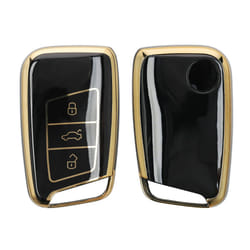 Key Cover Compatible with VW 3 Button Car Key (only Keyless Go) - Car Key Fob Case Protector - Black/Gold