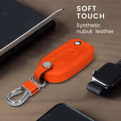 Car Key Cover Compatible with VW Skoda SEAT 3 Button Car Key - Synthetic Nubuck Leather Fob Cover - Orange