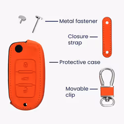 Car Key Cover Compatible with VW Skoda SEAT 3 Button Car Key - Synthetic Nubuck Leather Fob Cover - Orange
