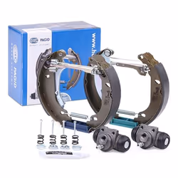 Brake Set, drum brakes; HELLA; Shoe Kit Pro; with wheel brake cylinder, with adjuster; for PEUGEOT; 42418J, 4241K5, 4241N1, 4 ...