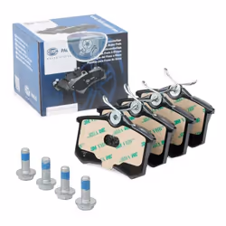 Brake pad set; HELLA; not prepared for wear warning indicator with brake caliper screws with accessories; for VOLKSWAGEN, AUD ...