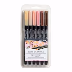 Lyra Aqua Brush Duo, 6 colours, Assorted colours, Bullet tip & Brush tip, Black, Round, Water-based ink