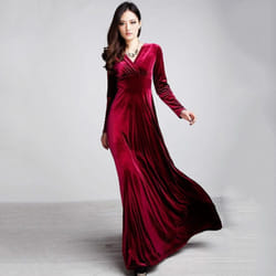 Womens Autumn Dress Velvet Long Sleeve V Neck . - wine red, M