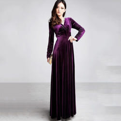 Womens Autumn Dress Velvet Long Sleeve V Neck . - purple, L