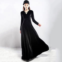 Womens Autumn Dress Velvet Long Sleeve V Neck . - black, M