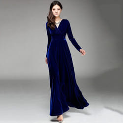 Womens Autumn Dress Velvet Long Sleeve V Neck . - sapphire blue, L