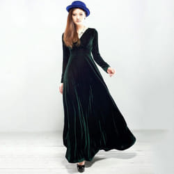 Womens Autumn Dress Velvet Long Sleeve V Neck . - green, L
