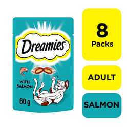 8 x 60g Dreamies Adult 1+ Cat Treats Salmon Cat Biscuits (480g)