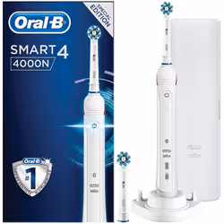 Oral-B Smart 4 4000N CrossAction Electric Toothbrush Rechargeable, White App Connected Handle, 3 Modes, Pressure Sensor, 2 To ...