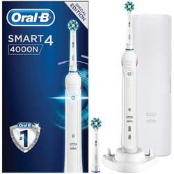 Oral-B Smart 4 4000N CrossAction Electric Toothbrush Rechargeable, White App Connected Handle, 3 Modes, Pressure Sensor, 2 Toothbrush Heads, Travel