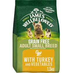 1.5kg James Wellbeloved Grain Free Adult Small Breed Dry Dog Food Turkey & Veg