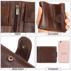 Brand Men Wallets Genuine Leather Short Coin Purse Fashion Hasp Wallet For Male Portomonee with Card Holder Photo Holder - dark coffee