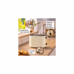 MyMoment Delight TAT2M127GB 2 Slot Stainless Steel Toaster with integrated warming rack, variable browning including defrost & warming 950W - Cream