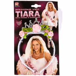 07063 Tiara with Bridal Veil with Roses and Diamonds for Adults One Size