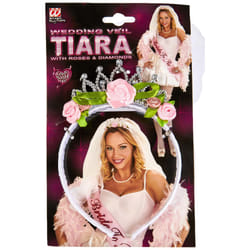 07063 Tiara with Bridal Veil with Roses and Diamonds for Adults One Size