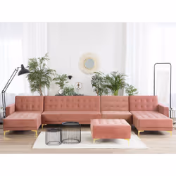 Modular U-Shape Sofa Bed ABERDEEN Velvet Pink with Ottoman 6 Seater