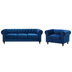Living Room Set CHESTERFIELD Velvet Navy Blue 4 Seater