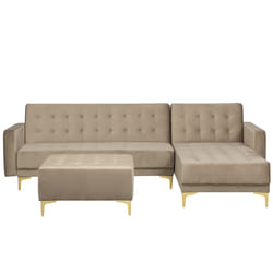 Modular Corner Sofa Bed ABERDEEN Velvet Sand Beige with Ottoman 4 Seater Left Hand