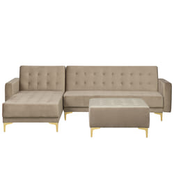 Modular Corner Sofa Bed ABERDEEN Velvet Sand Beige with Ottoman 4 Seater Right Hand