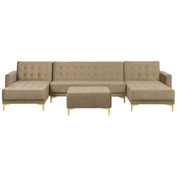 Modular U-Shape Sofa Bed ABERDEEN Velvet Sand Beige with Ottoman 5 Seater