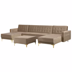 Modular U-Shape Sofa Bed ABERDEEN Velvet Sand Beige with Ottoman 5 Seater