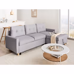 Corner Sofa Bed FLAKK Fabric Light Grey with Storage 4 Seater Left Hand