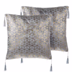 Set of 2 Cushions Geometric Pattern with Tassels 45 x 45 cm Silver CAMELLIA