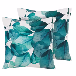 Set of 2 Outdoor Cushions Leaf Motif 45 x 45 cm Teal Blue and White TREBBO