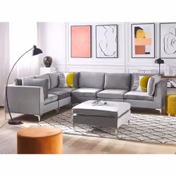 Modular Corner Sofa EVJA Velvet Grey with Ottoman 6 Seater Right Hand