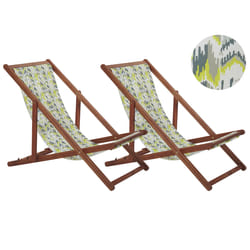 Set of 2 Folding Deck Chairs ANZIO with Replacement Fabrics Abstract Motif Acacia Wood Dark Brown