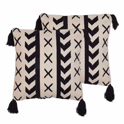 Set of 2 Cotton Cushions Geometric Pattern with Tassels 45 x 45 cm Beige and Black DEADNETTLE