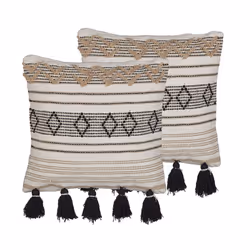 Set of 2 Cotton Cushions Geometric Pattern with Tassels 45 x 45 cm Beige and Black SAMBUCUS