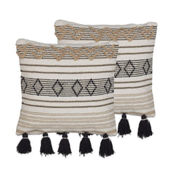 Set of 2 Cotton Cushions Geometric Pattern with Tassels 45 x 45 cm Beige and Black SAMBUCUS