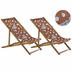 Set of 2 Folding Deck Chairs ANZIO with Replacement Fabrics Floral Motif Acacia Wood Light Brown