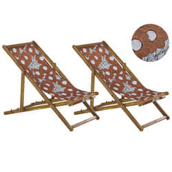 Set of 2 Folding Deck Chairs ANZIO with Replacement Fabrics Floral Motif Acacia Wood Light Brown