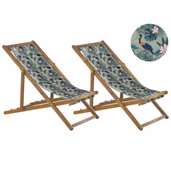 Set of 2 Folding Deck Chairs ANZIO with Replacement Fabrics Animal Motif Acacia Wood Light Brown