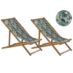 Set of 2 Folding Deck Chairs ANZIO with Replacement Fabrics Animal Motif Acacia Wood Light Brown