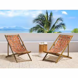 Set of 2 Folding Deck Chairs ANZIO with Replacement Fabrics Floral Motif Acacia Wood Light Brown