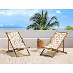 Set of 2 Folding Deck Chairs ANZIO with Replacement Fabrics Floral Motif Acacia Wood Light Brown